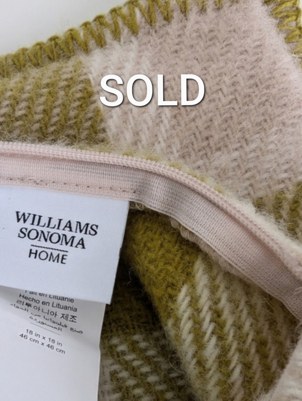 WILLIAMS SONOMA x Mondavi Garmay Lamb Wool 18" Pillow Cover Plaid Pear Green NEW